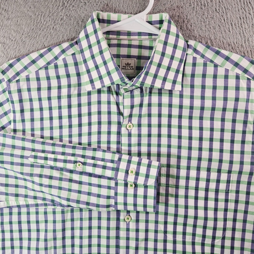 Peter Millar Shirt Men Medium Button Up Long Sleeve White Green Blue Plaid